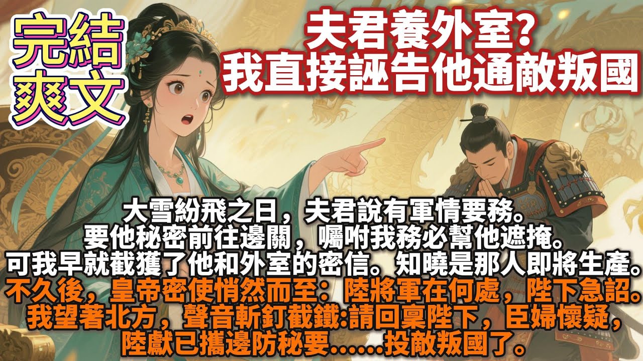 完結爽文：夫君養外室？我直接誣告他通敵叛國。大雪紛飛之日，夫君說有軍情要務。要他秘密前往邊關，囑咐我務必幫他遮掩。可我早就截獲了他和外室的密信。知曉是那人即將生產，他著急趕去看護。