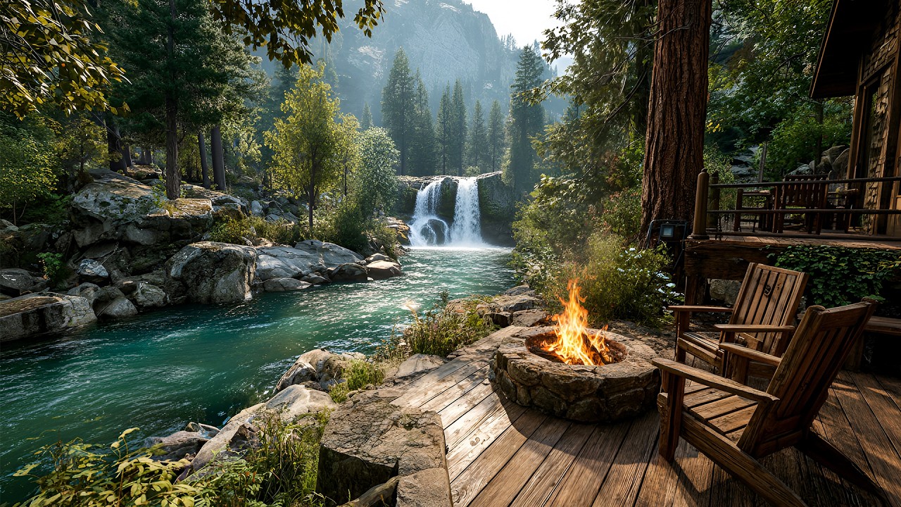 Calm Spring Porch: Tranquil Riverside Sounds and Warm Fire Crackles for Peaceful Moments