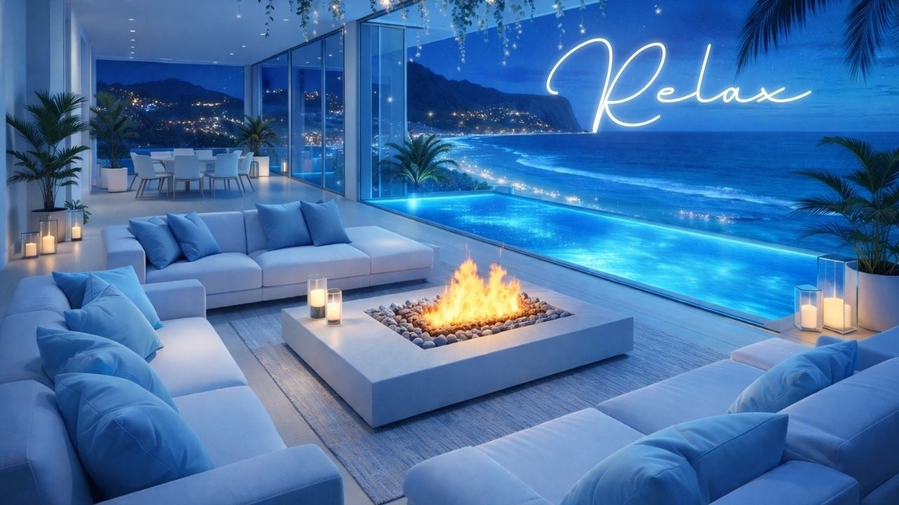Premium Oceanfront Firepit | Soft Jazz, Waves & Infinity Pool Relaxation. backyard.