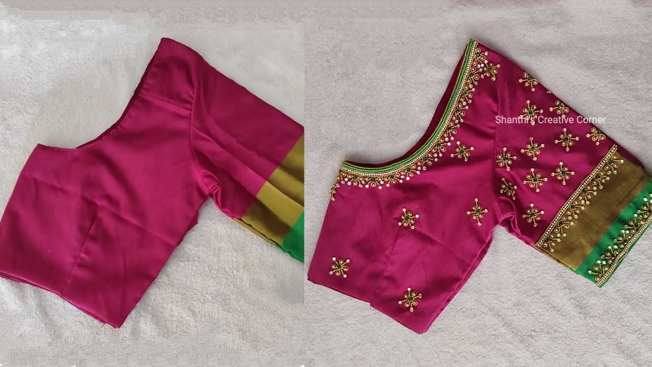 Beautiful & easy Aari work on pink colour stitched blouse using normal needle | Maggam Work