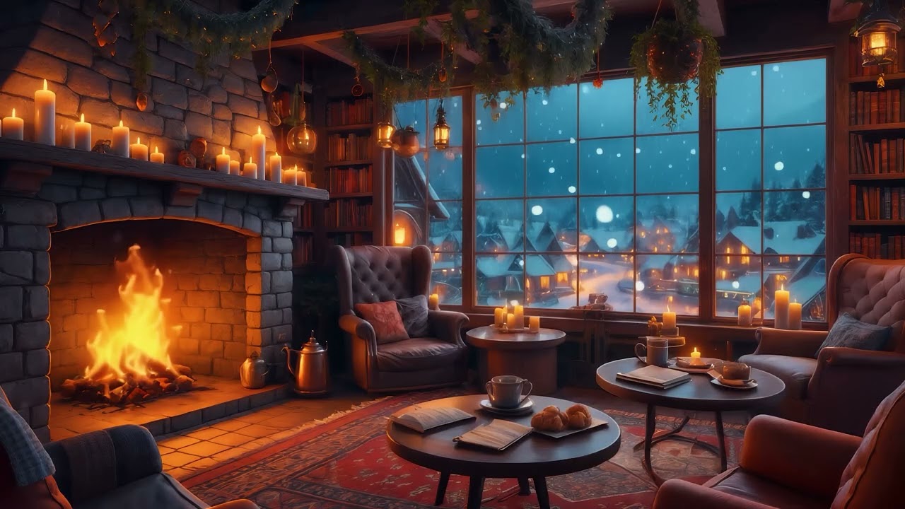 4K Winter Coffee Shop Fireplace Sleep & Study ☕ 10 Hour Snow Village Window Relaxing Natural Sound