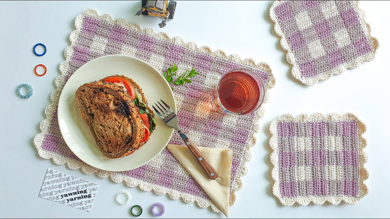 💕사랑스러운 깅엄체크 테이블매트 뜨기 (+팟코스터)｜실 배색하기｜Lovely Crochet Gingham Check Table Runner + Pot Coaster