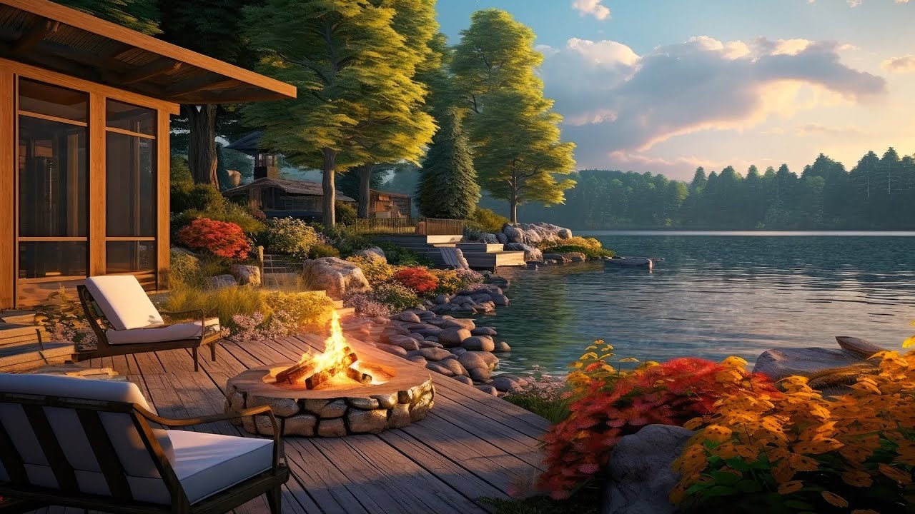 Атмосфера на берегу озера на веранде с расслабляющим костром и звуками природы для расслабления