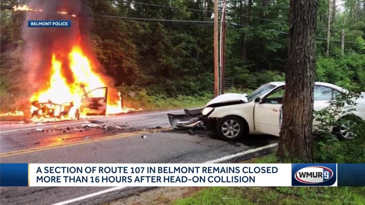 Belmont road still closed hours after fiery crash