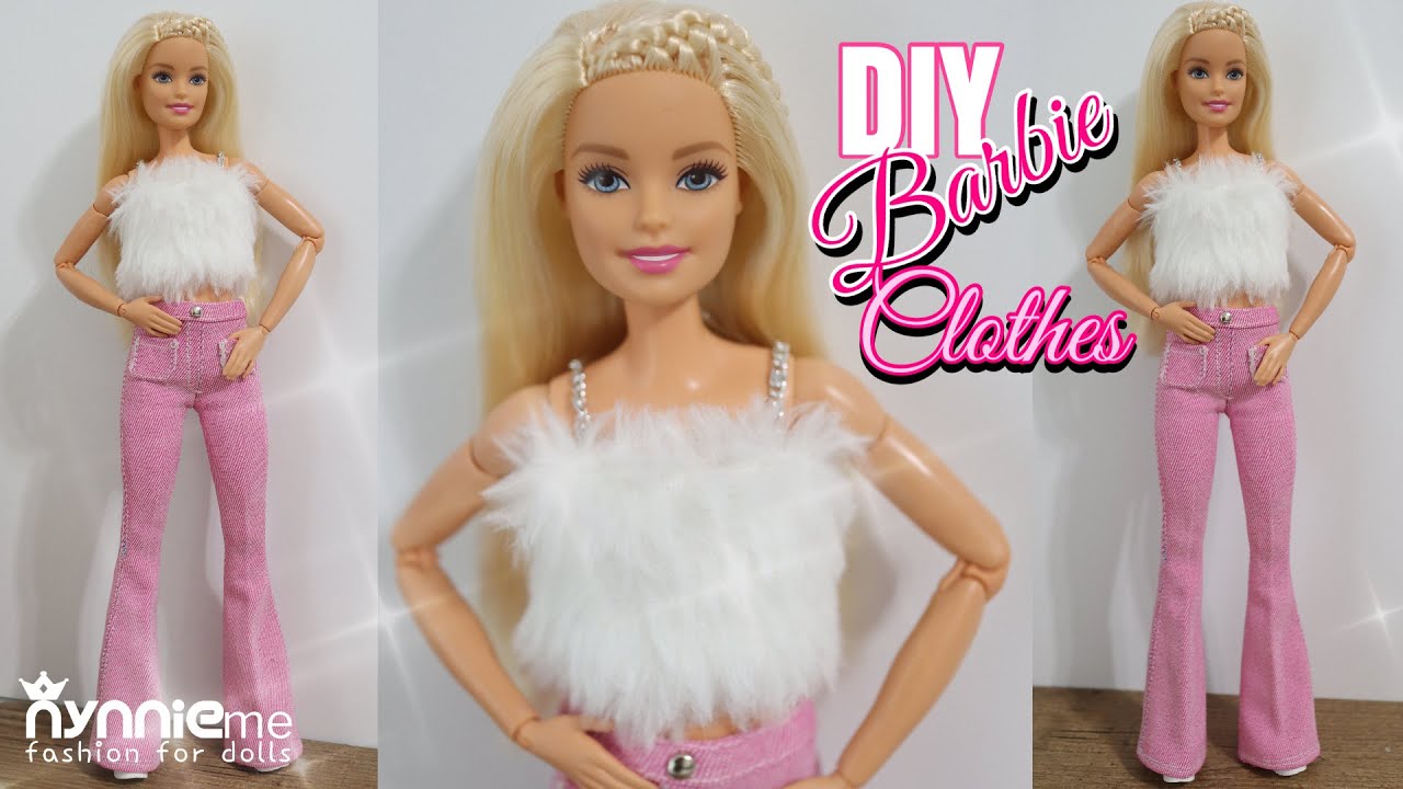 DIY Barbie Clothes Fur Fluffy Chain Straps Top & Pink Bootcut Jeans | nynnie me