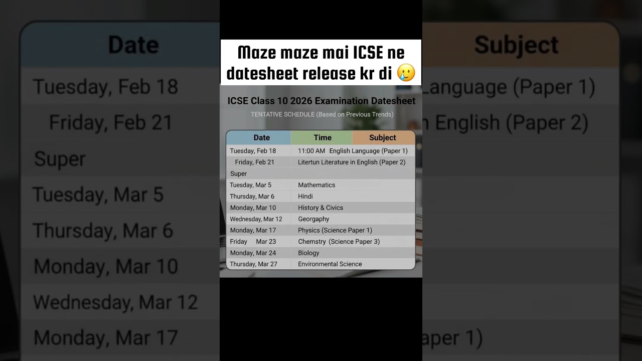 ICSE 2026 Datesheet Released #nikitasingh #icse #icseclass10 #fyp #memes #explore #viral #trend #yt
