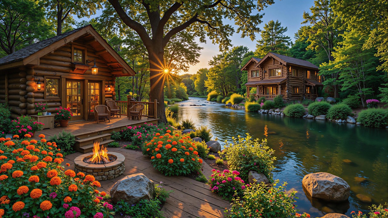 Peaceful Spring Riverside Cabin at Sunset 🔥🌺 Cozy Piano Music with birdsongs for Relaxation