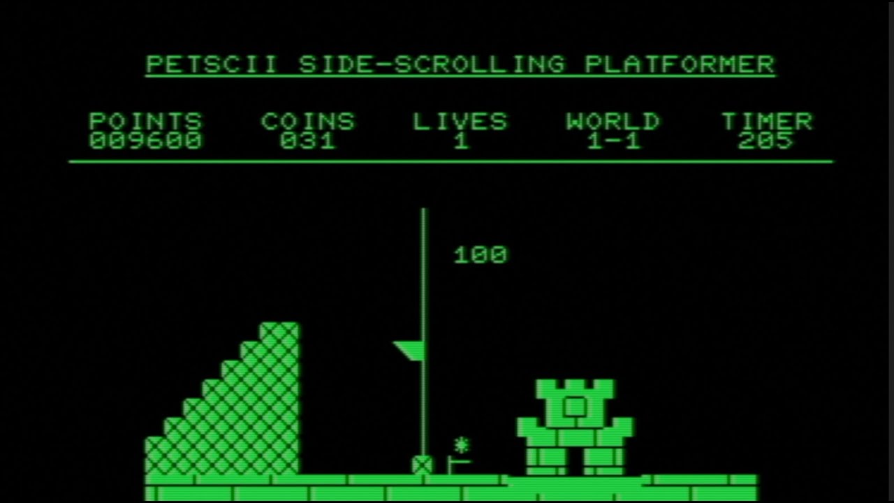 PETSCII Side-Scrolling Platformer - Playthrough of all levels.