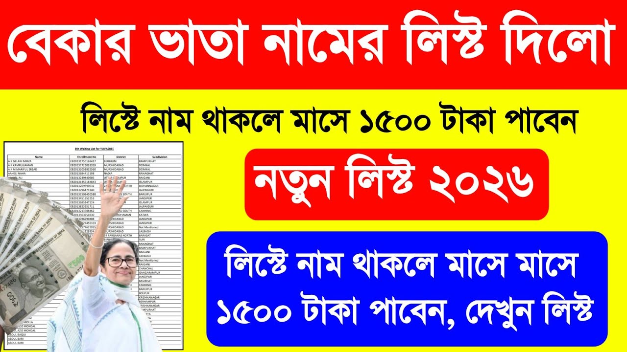 বেকার ভাতায় ১৫০০ টাকা কারা পাবে নাম দেখুন লিস্টে | Bekar Vata New List 2026. Yuvashree New Update