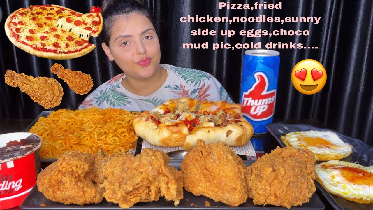 Eating Cheesy Chicken Pizza 🍕 with Spicy Korean Noodles, Egg Poach, Fried Chicken, Desert-ASMR Sound