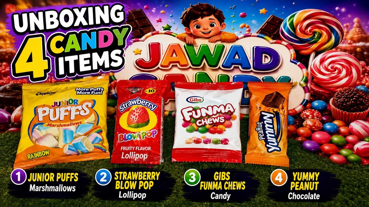 Unboxing in 4 candyes butterfly lollipop puffs fanma chews and yummy wafer jawadkidssounds