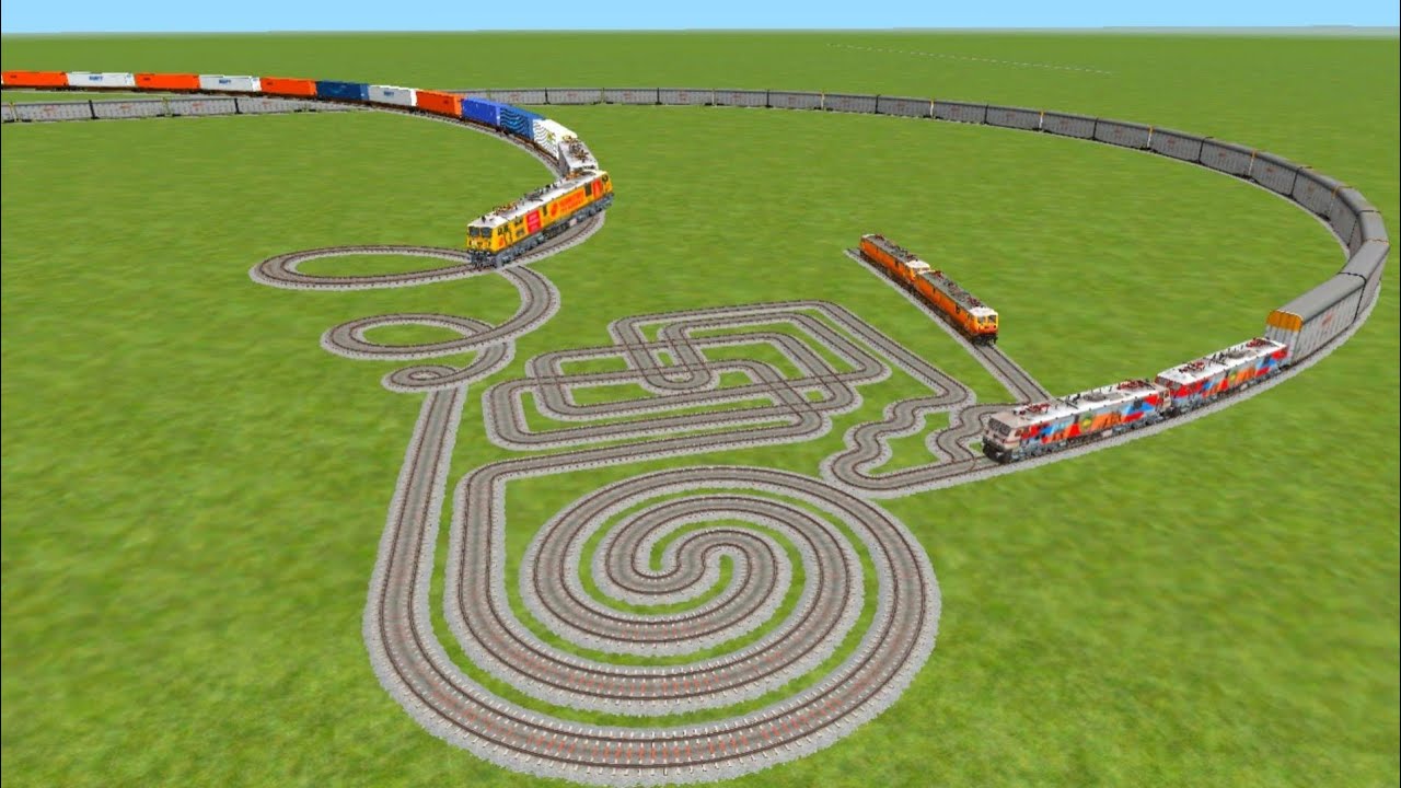 Circle track round crossing in over bridge rounding double decker train coupling railway station 