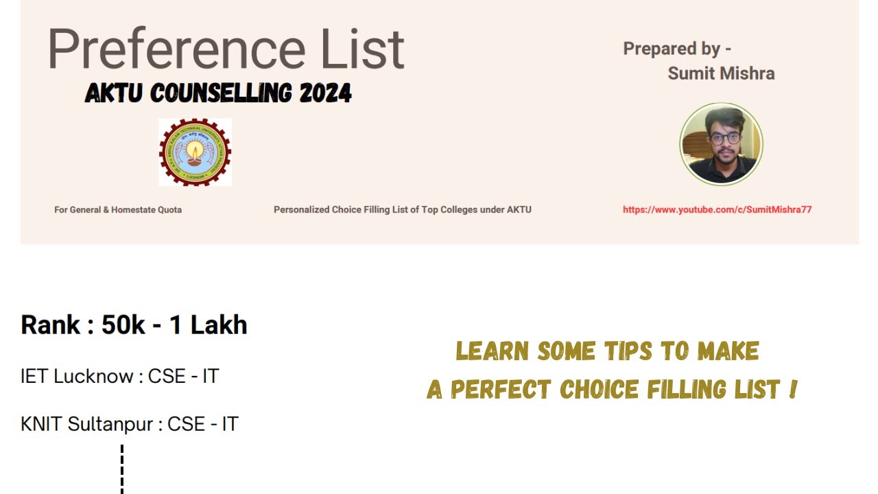 AKTU/UPTU Counselling Choice Filling | UPTAC Best Preference List | Sumit Mishra