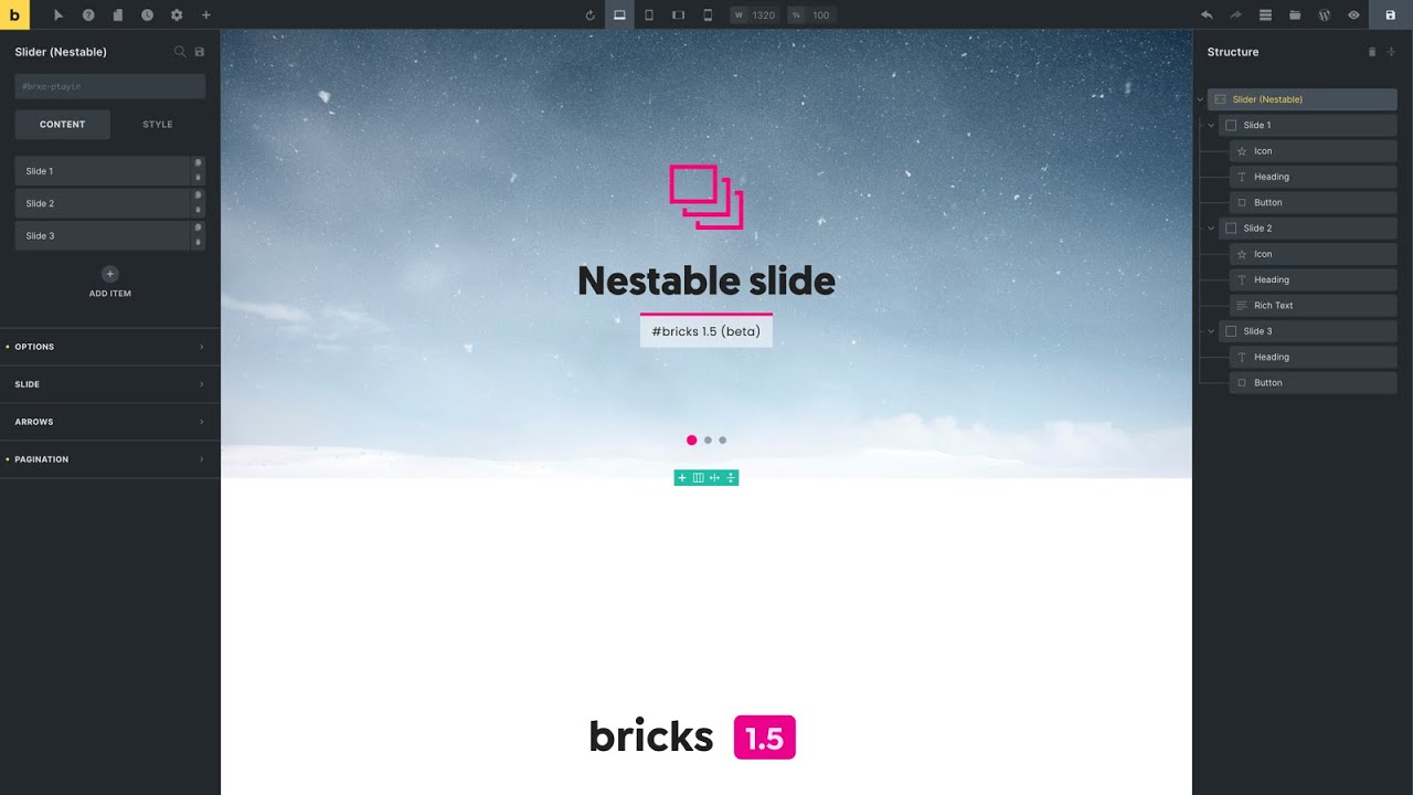 Bricks 1.5 (бета) — новые элементы Section и Div; вложенные элементы (аккордеон, слайдер, вкладки)