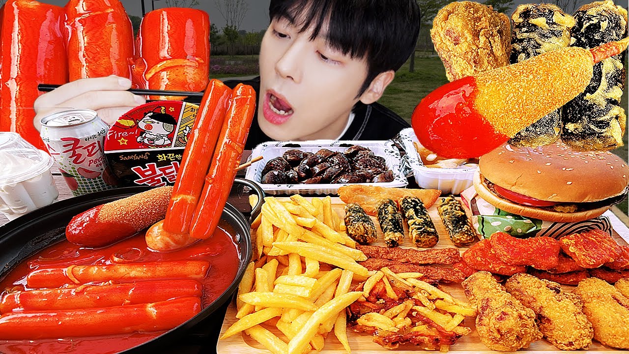 ASMR MUKBANG острые ттокпокки, приправленная курица, кимбап, бургер, жареная пища, рисовый пирог еда