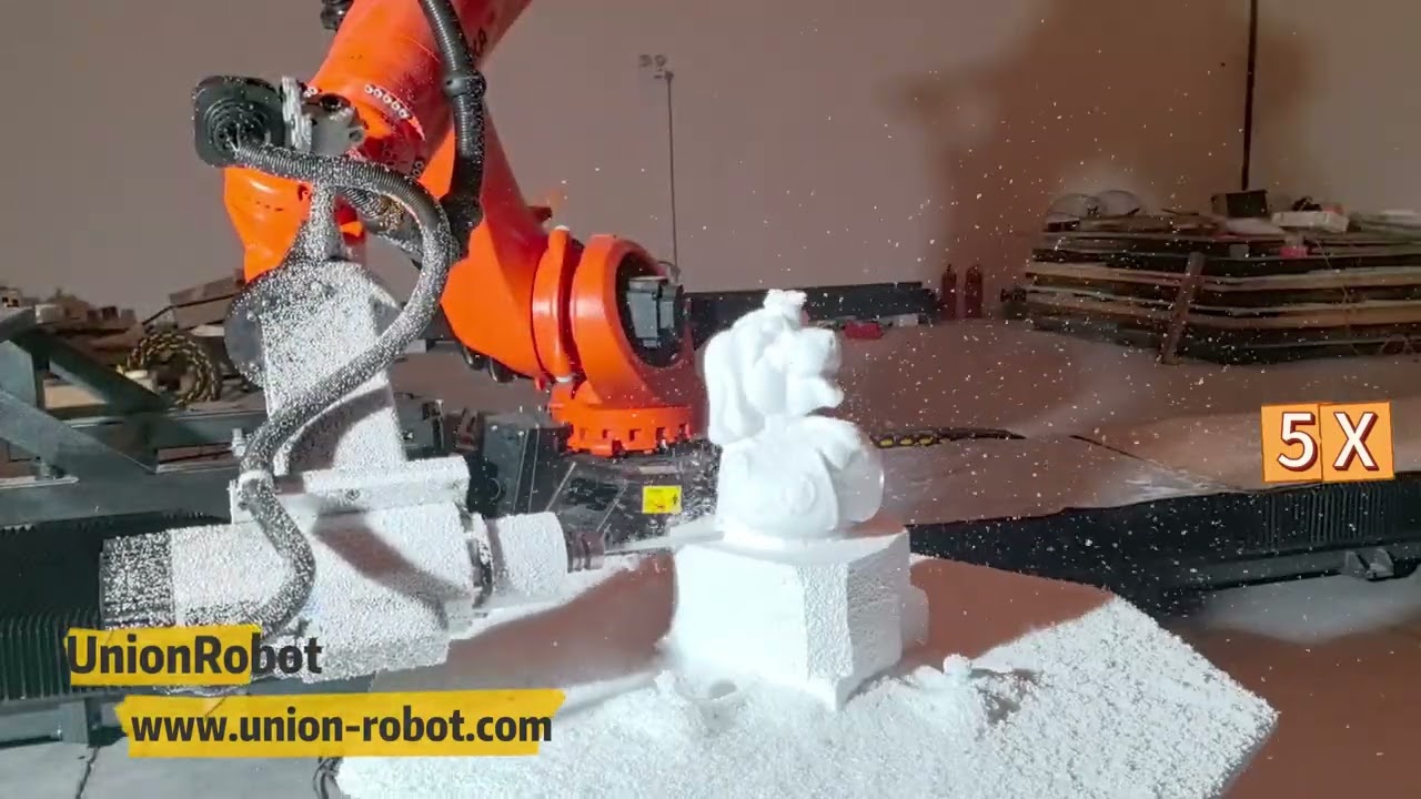 KUKA Robot arm milling foam sculpture KR2100 with 18m groud track #millingrobot