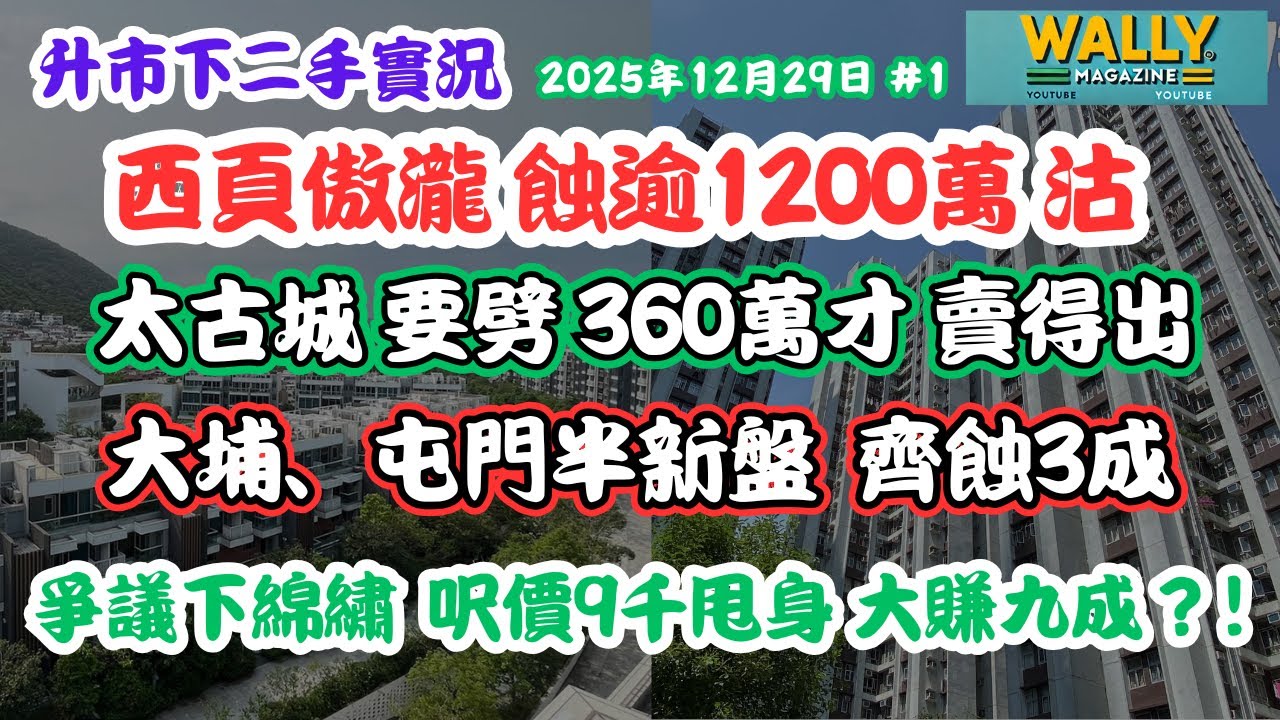 升市下二手慘況12.29: 傲瀧7年勁蝕1200萬｜太古要劈360萬才賣到｜大埔、屯門半新樓齊蝕3成！爭議下綿繡呎價9千甩身大賺！