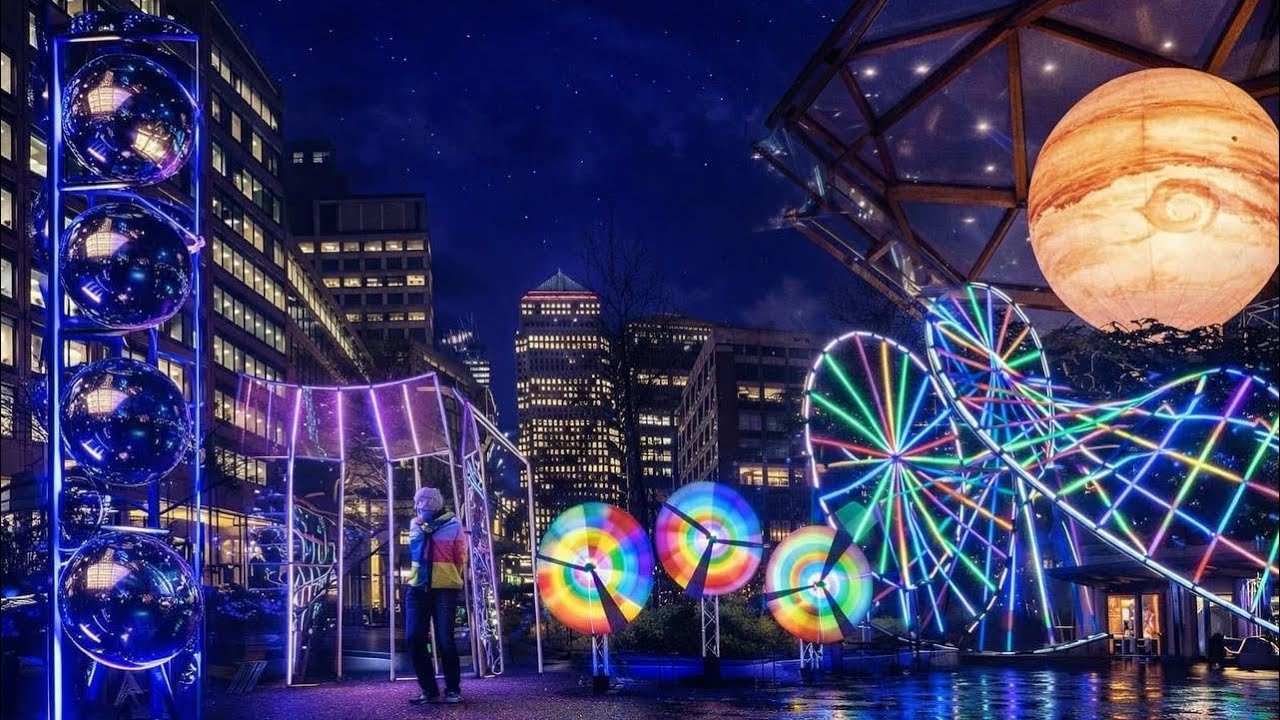 Canary Wharf Winter Lights 2025 🌈 | Peaceful Night Walk in London | Walk Quietly