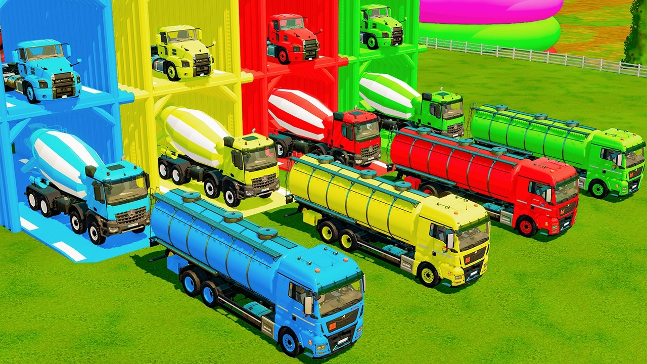 Garage with Colors - ALL MIXER TRUCK WITH DOUBLE FLATBED TRAILER TRUCK, MACK, DAF, MAN - FS22