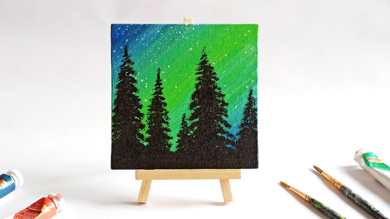 Aurora Borealis Acrylic Painting For Beginners | Aurora Sky Mini Canvas Painting
