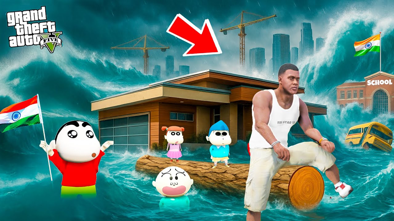 GTA V : Franklin And Shinchan 🌊TRAPPED in TSUNAMI on INDEPENDENCE DAY😰 in GTA 5 Telugu  P1