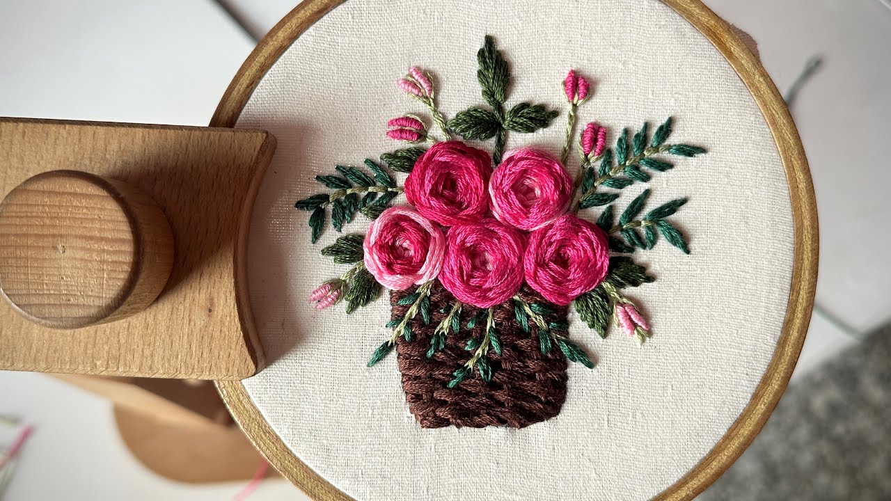 Basket and flowers embroidery pattern || Embroidery for beginners || Let&rsquo;s Explore