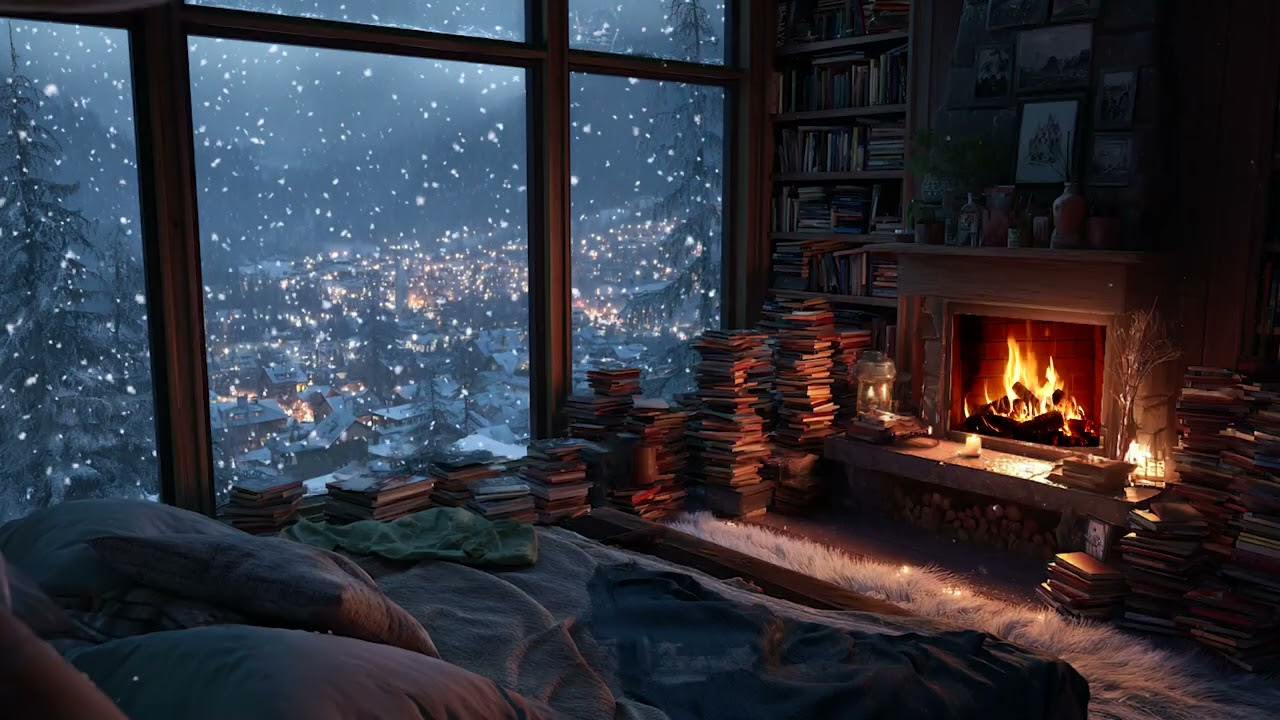 Tranquil Snow Cabin After Dark | Crackling Fireplace and Calm Night Snowfall