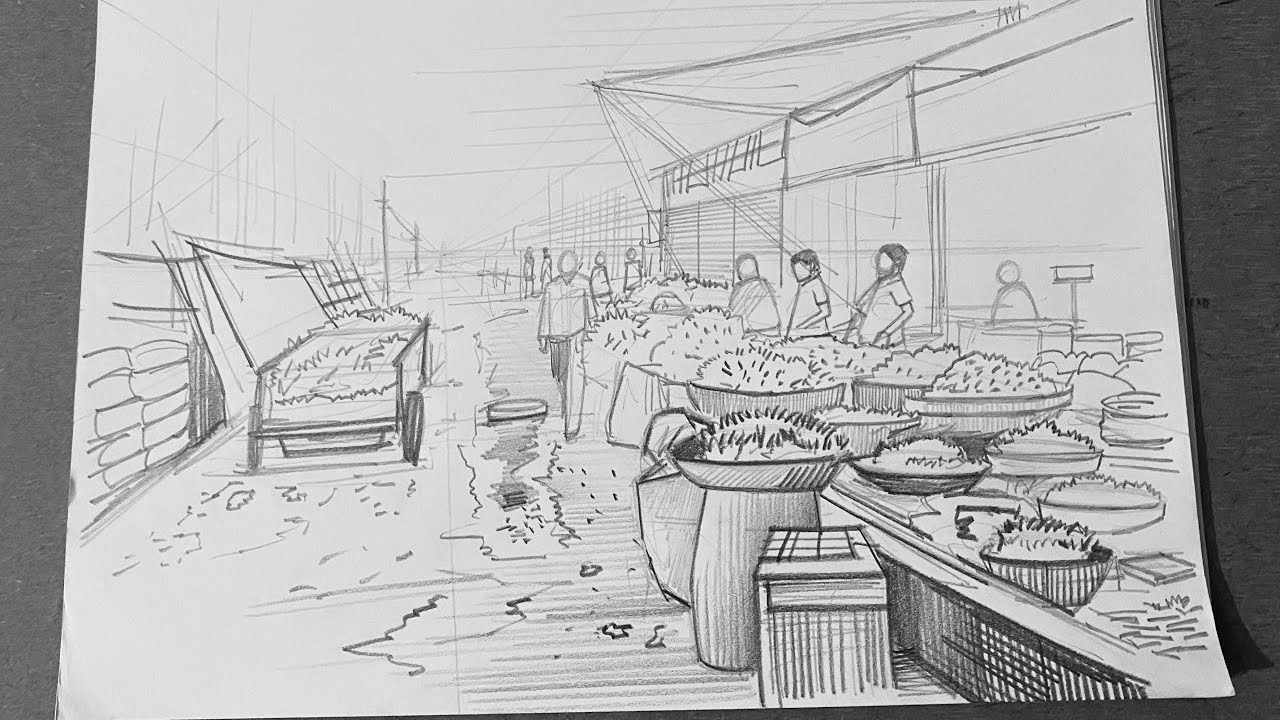 Street Vendors using 1-point perspective | #artistdeepkaran #artist #perspective #composition