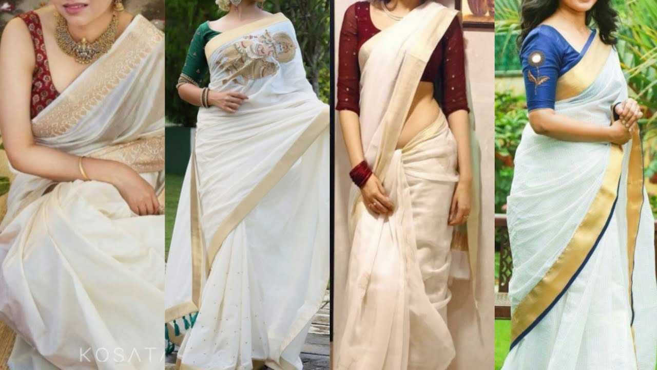 White Saree With Contrast Blouse Design|Latest White Saree Blouse Colour Combination 