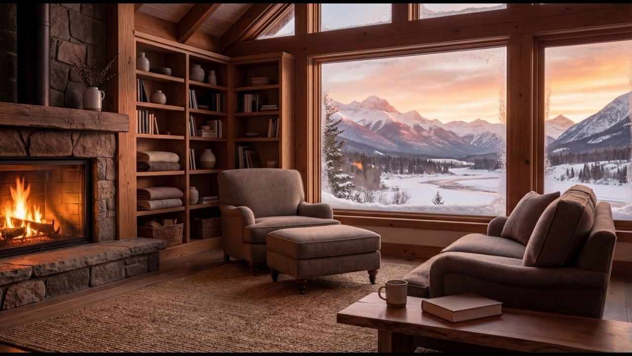 Mountain Cabin at Sunset | Warm Firelight & Quiet Evening Ambience