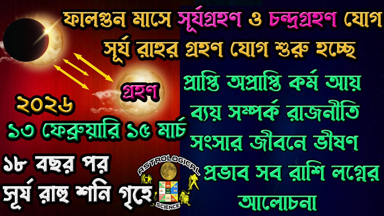 ফাল্গুন মাসে সূর্যের গোচরে সূর্যগ্রহণ ও চন্দ্রগ্রহণ  ১৩ ফেব্রুয়ারি ২০২৬ থেকে ১৫ মার্চ Sun Transit