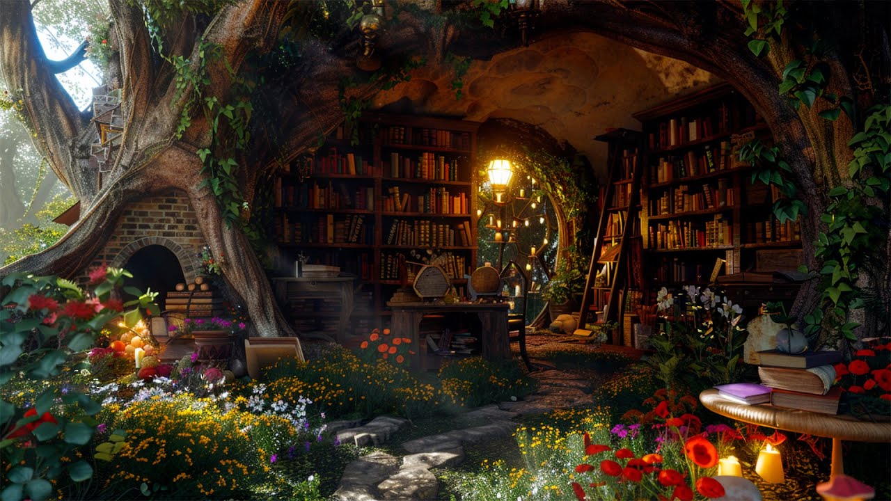 Peaceful Old Library under Tree | Mystical Magical Music & ASMR Nature Ambient ~ Relax ur Mind, Soul