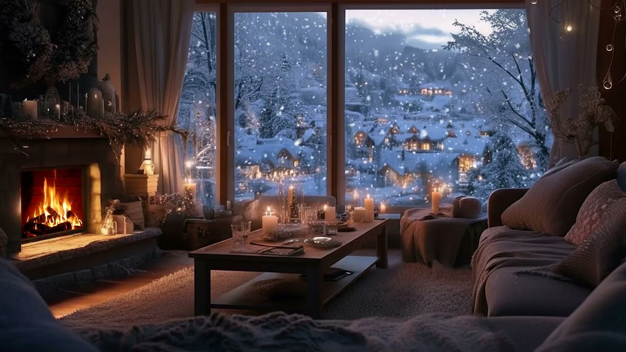 Peaceful Snowy Cabin Piano Ambience | Crackling Fireplace and Calm Snow