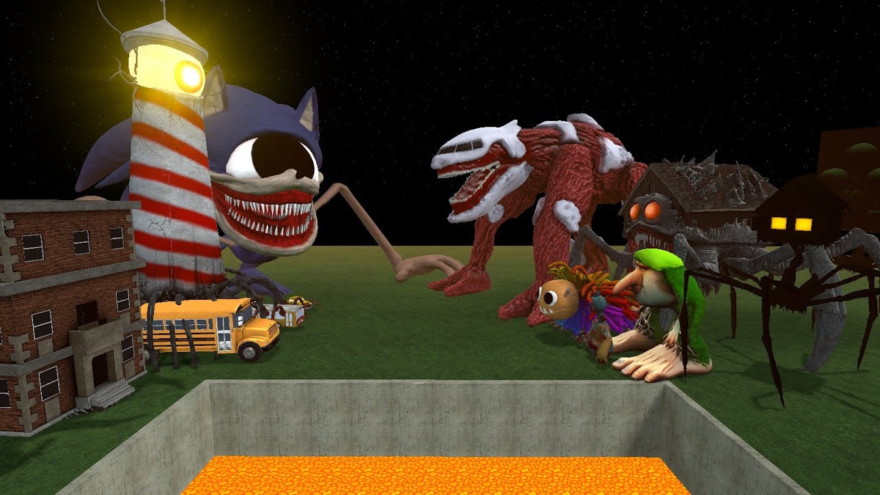 EVERYTHING TURNS INTO MONSTERS: SCHOOL BUS EATER, HOUSEHEAD, LIGHTHOUSE MONSTER Battle in GMOD!!