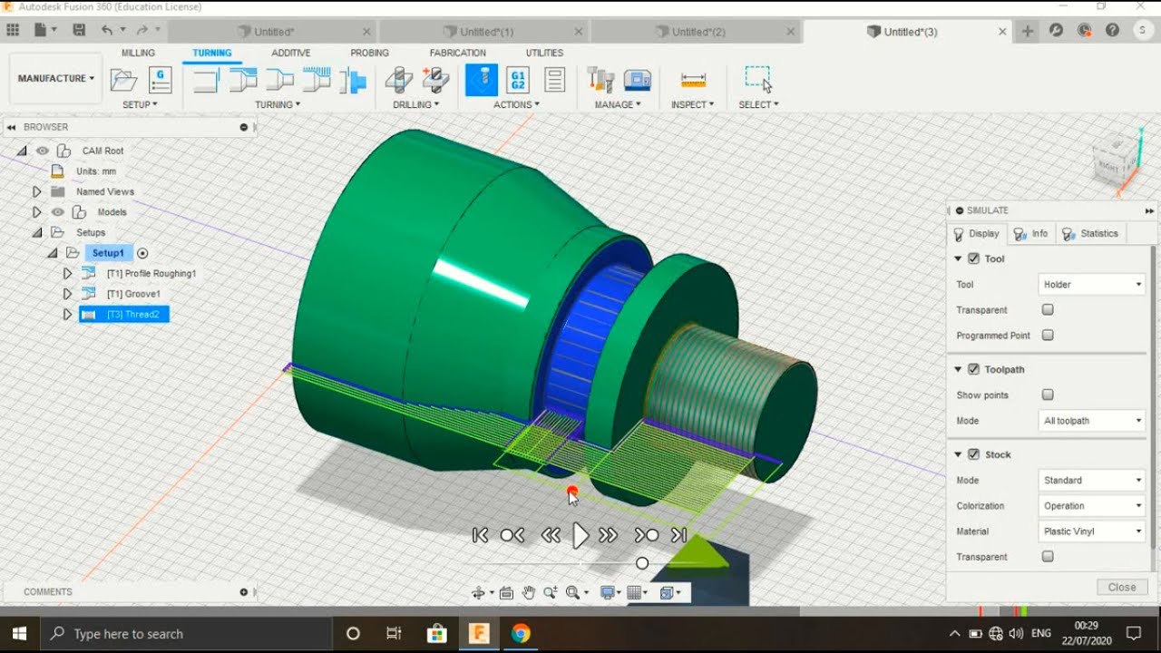Creating tool path (for Grooving and Threading operation)  in CAM using Autodesk Fusion 360
