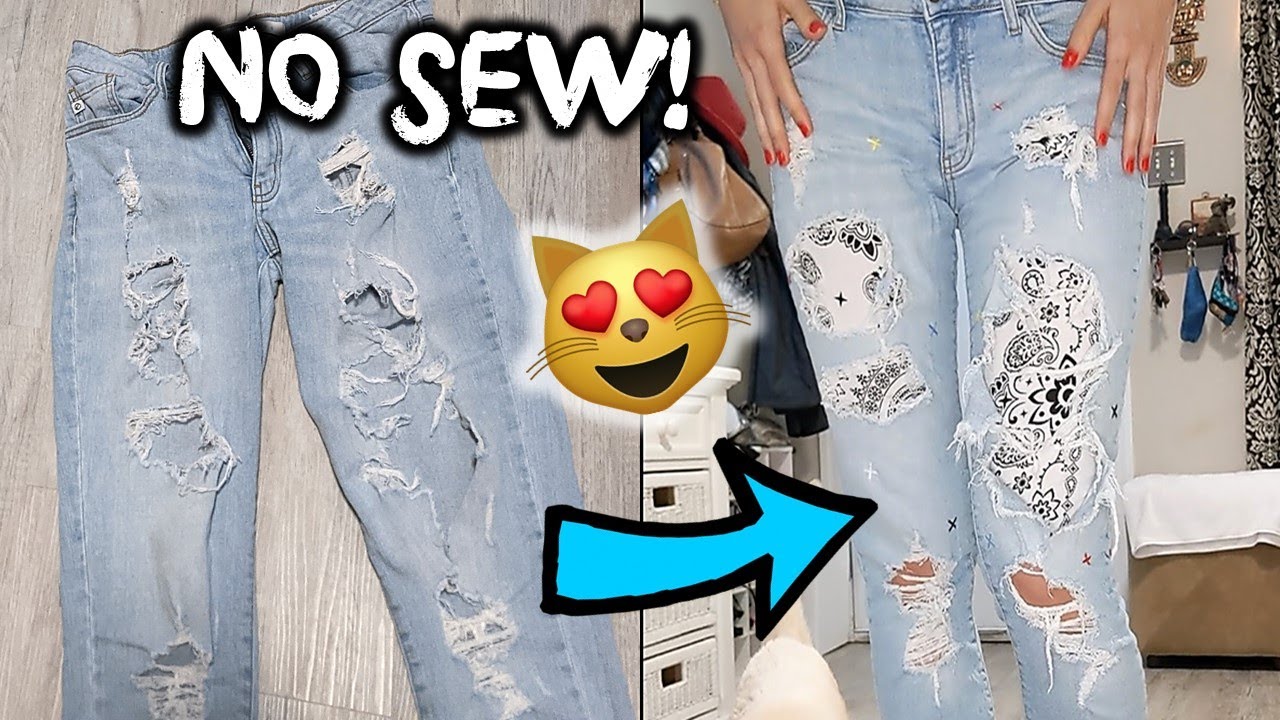 Easy DIY bandana patch fix for ripped jeans with holes - NO SEW!