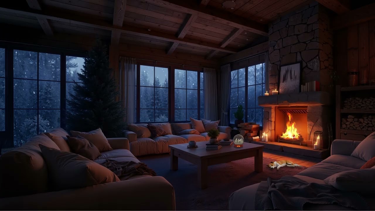 Cozy Cabin Winter Vibes 🎷 Crackling Fireplace & Soft Jazz | Peaceful Nights for Sleep