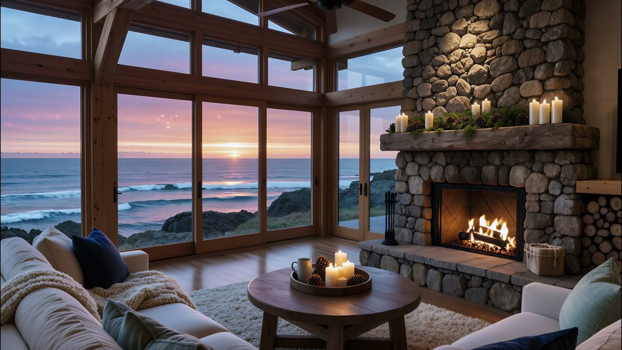 Cozy Coastal Fireplace at Sunset 🌊🔥 | Crackling Fire & Ocean Waves