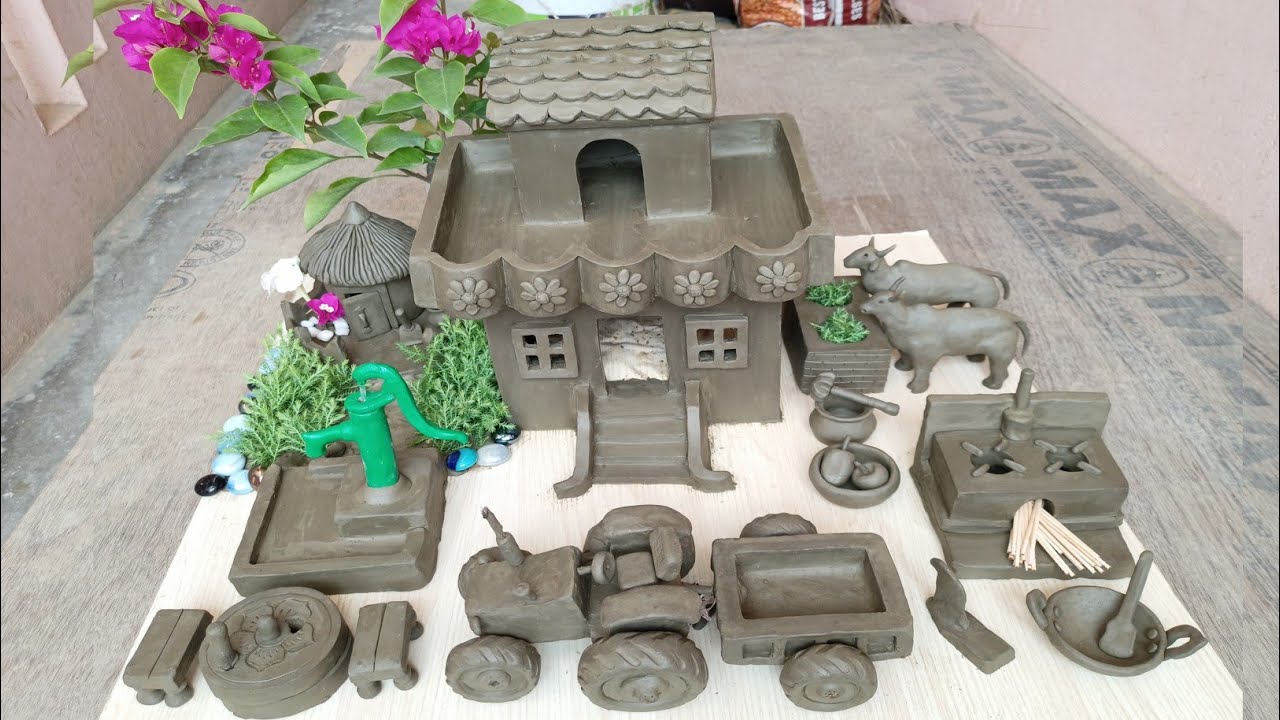DIY how to make miniature clay house | cow shed, mini hand pump, kitchen set, water well, village