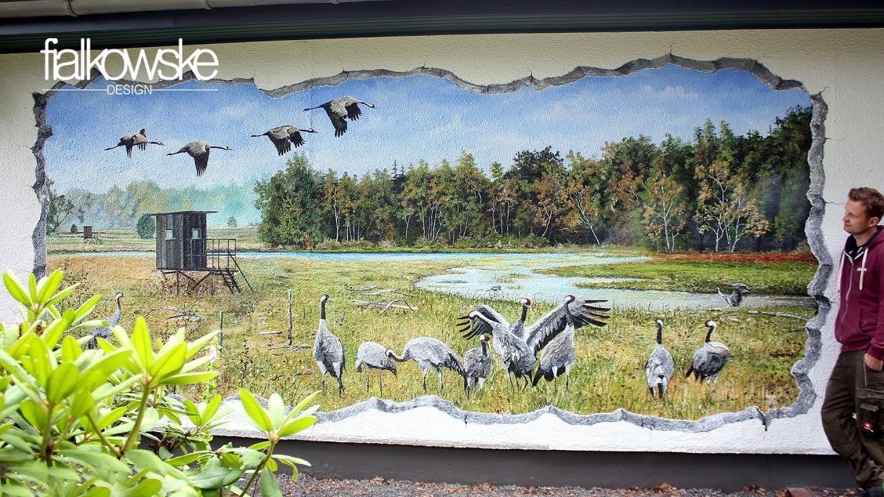 #44 Wandmalerei an Hauswand mit Acryl / Motiv Kraniche und Moor / Acrylic landscape painting crane