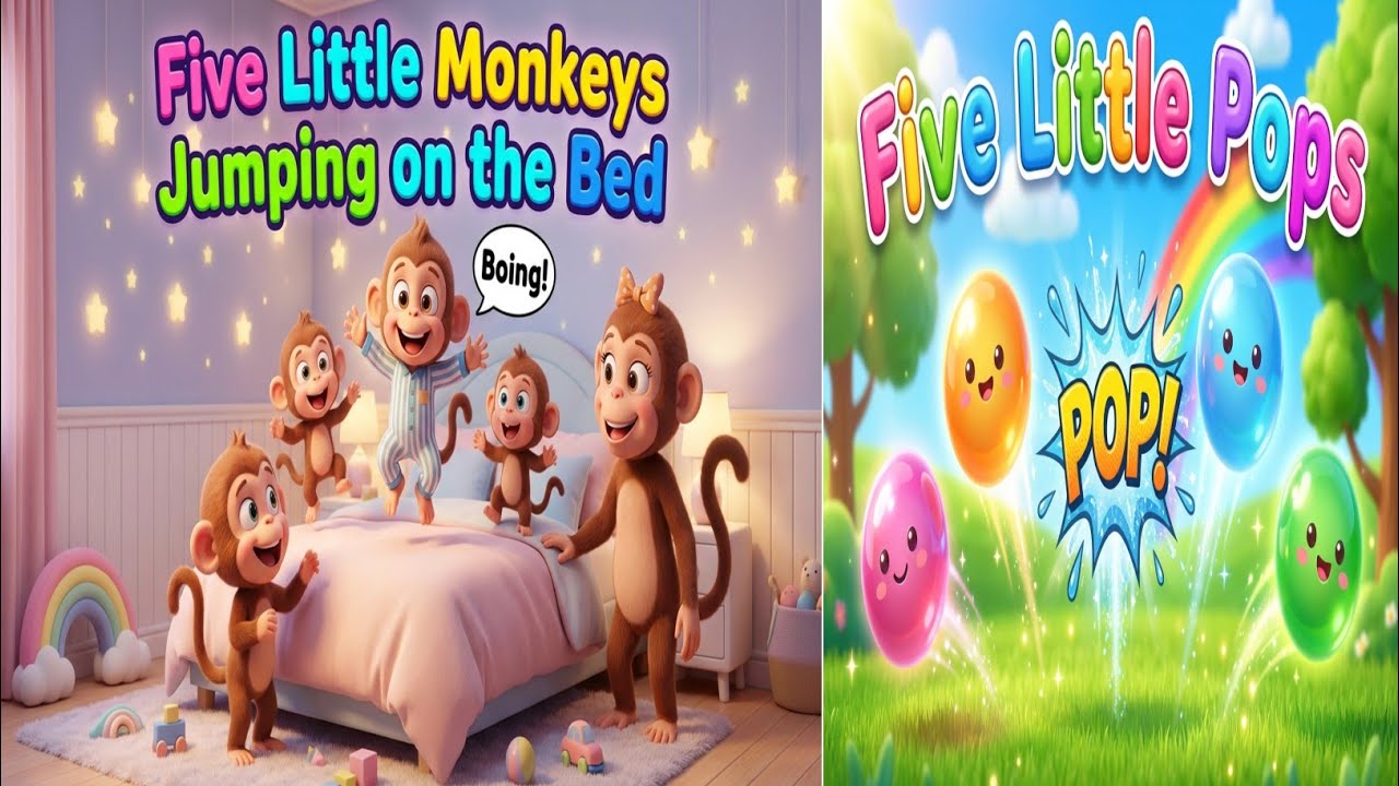 Five Little Monkeys Jumping Fun!A Five Little Pups Rhyme#trending