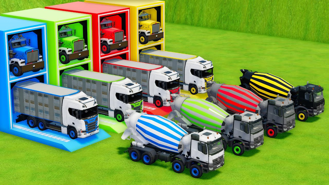 Garage with Colors - ALL MIXER TRUCK WITH DOUBLE FLATBED TRAILER TRUCK, KENWORTH, SCANIA, MERCEDES