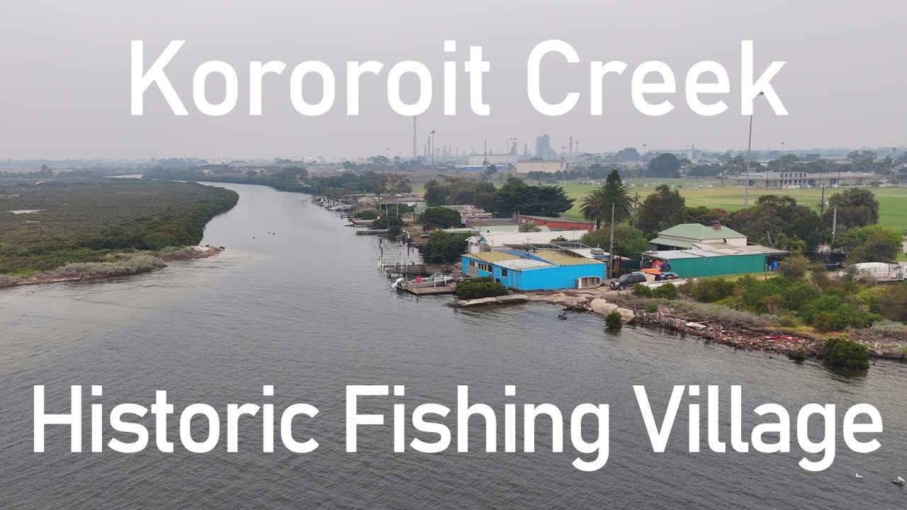 Historic Kororoit Creek Fishing Village from the air, Williamstown North, Victoria, Australia