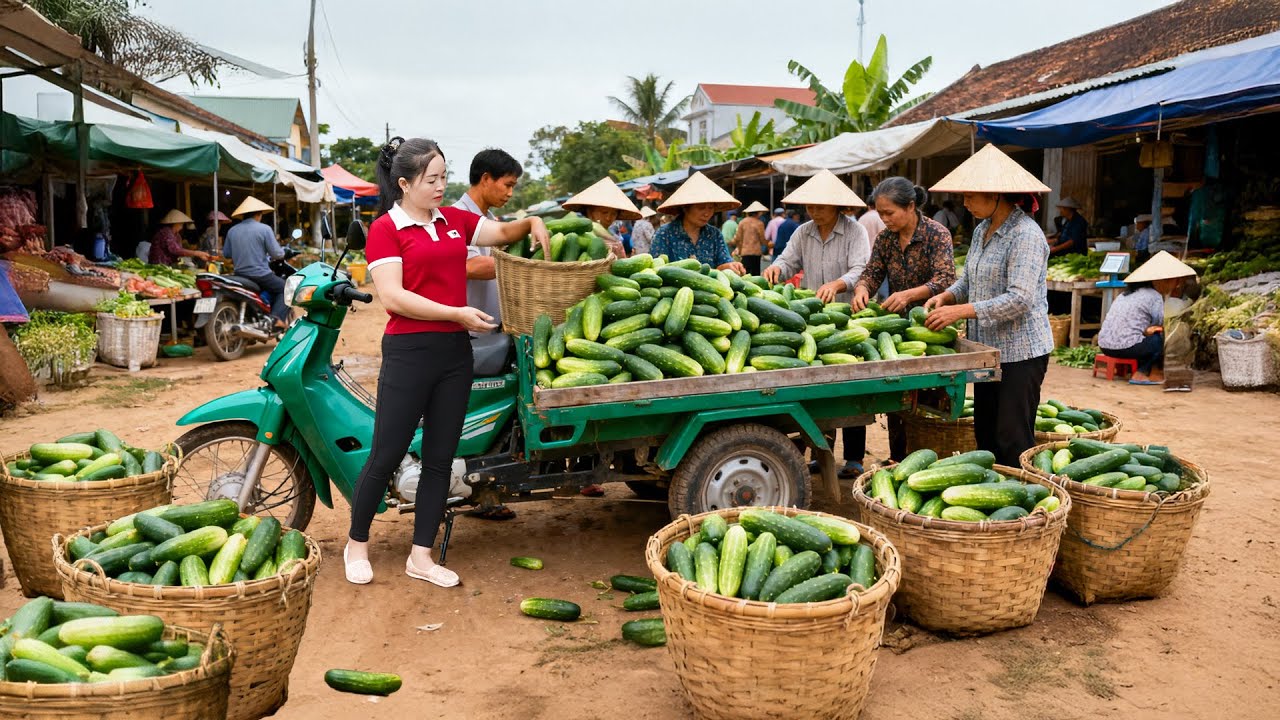 Harvesting 1000+ of Organic Cucumbers & Oranges –Transported by 3-Wheeled Truck to Market for Sale