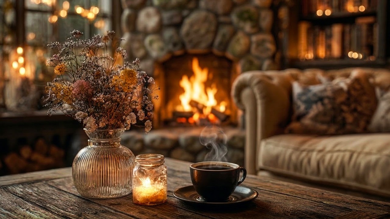 Relaxing Acoustic Guitar to Calm Your Mind | Cozy Coffee & Fireplace Evening Ambience (3 Hours)