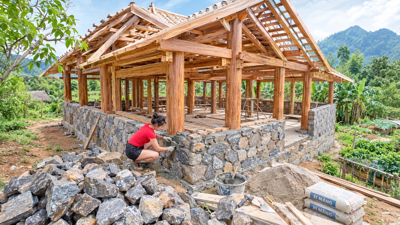 Building a Solid Wooden House with Stone Walls | Farm Life & Rural Construction