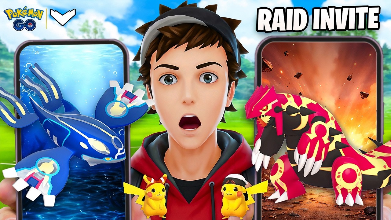 Primal Kyogre and Groudon and Costume Pikachu  Background | Kalos Tour Raids  | Pokemon Go | Clu