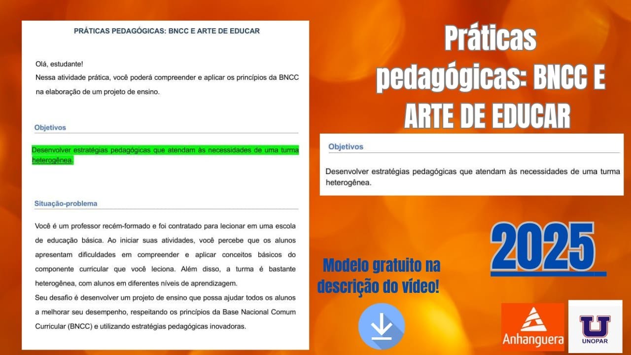 Práticas pedagógicas: BNCC E ARTE DE EDUCAR  2025 Unopar - Anhanguera  disponivel MODELO GRATUITO