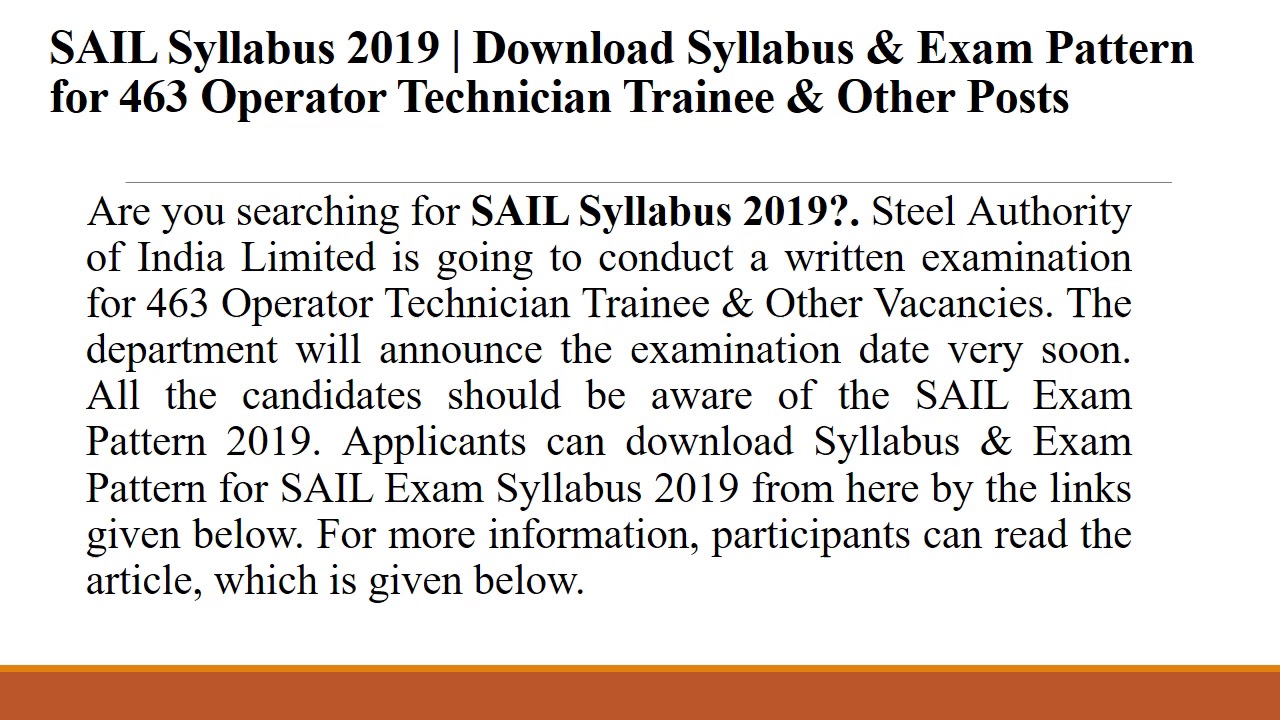 SAIL Syllabus 2019 | 463 Operator Technician Trainee & Other Vacancies