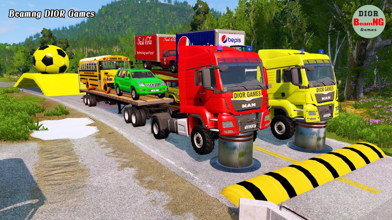 Double Flatbed Trailer Truck vs speed bumps|Busses vs speed bumps|Beamng Drive|463